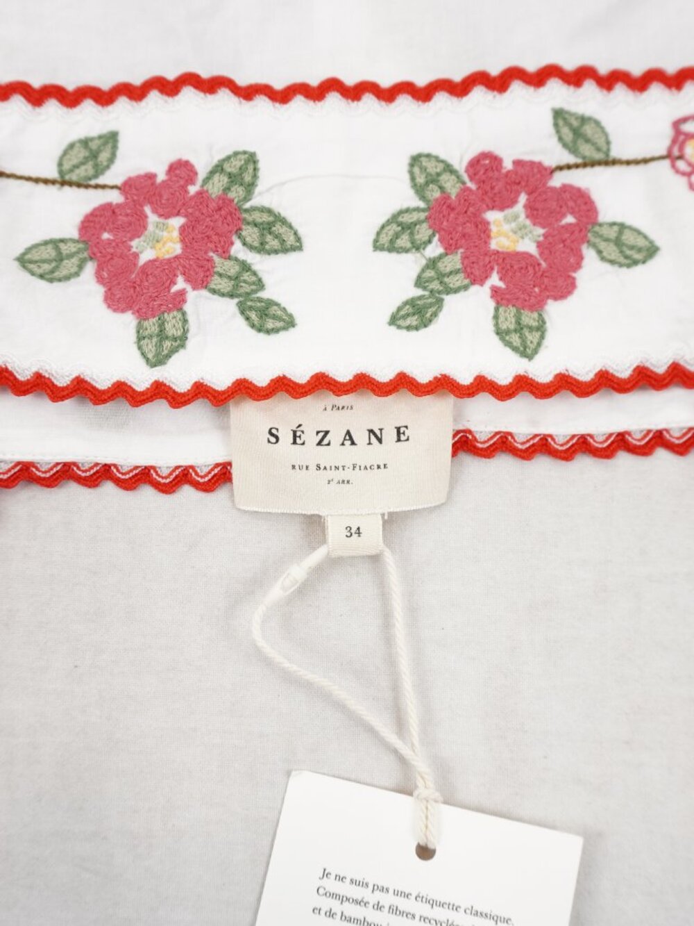 Sezane Nouri Top In White With Pink & Green Embroidery - Women's US Size 2 - NWT - Picture 6 of 9